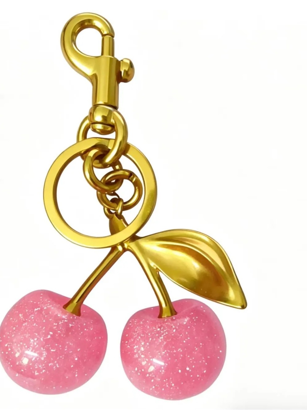 Gold Cherry Keychain or bag charm with Pink Glitter Cherries